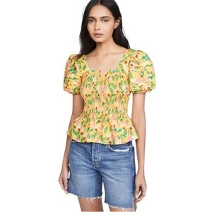 NWOT : FARM RIO Mini Cashew Smocked Top Yellow Floral Puff Sleeve Cotton Medium